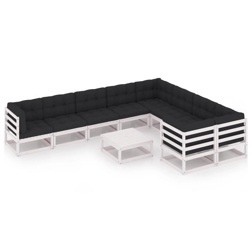 10-tlg. Garten-Lounge-Set mit Kissen Weiss Kiefer Massivholz